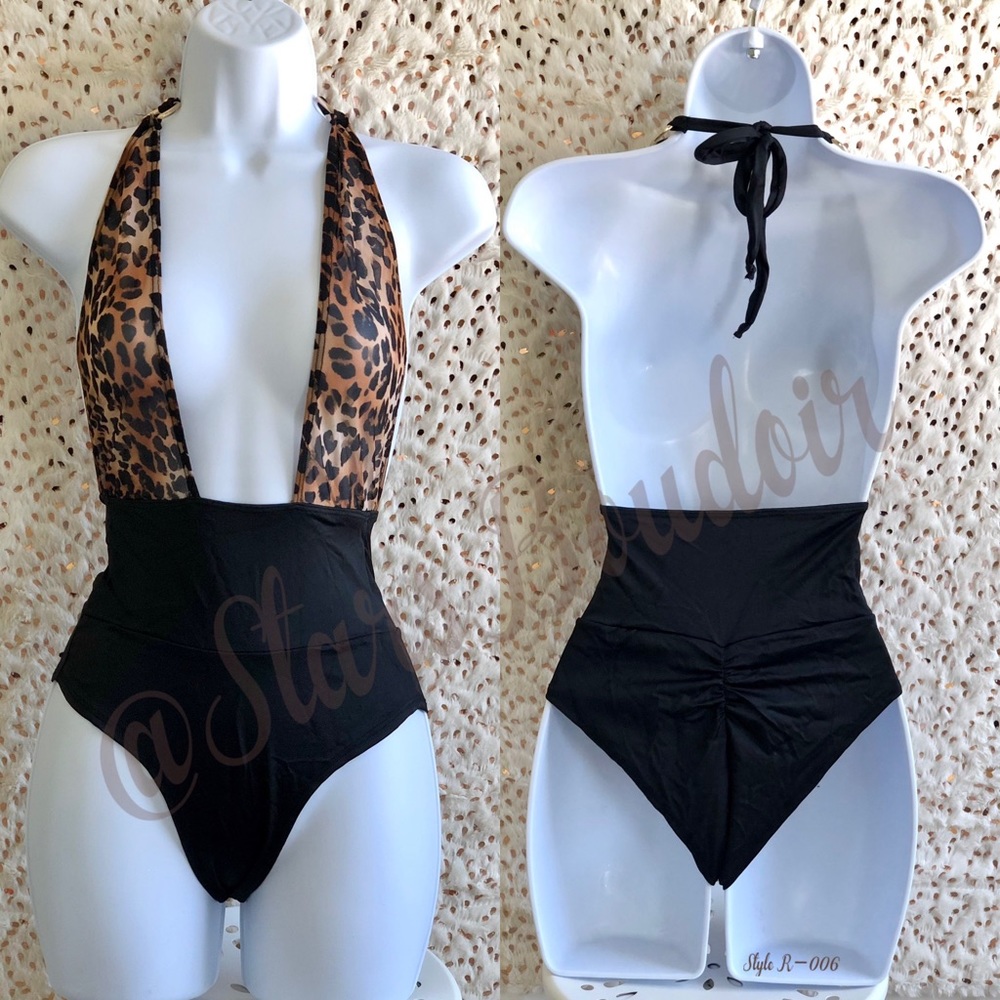 New Halter Tie 🐆Leopard/Black🖤Scrunch Back Bottom Plunge Romper